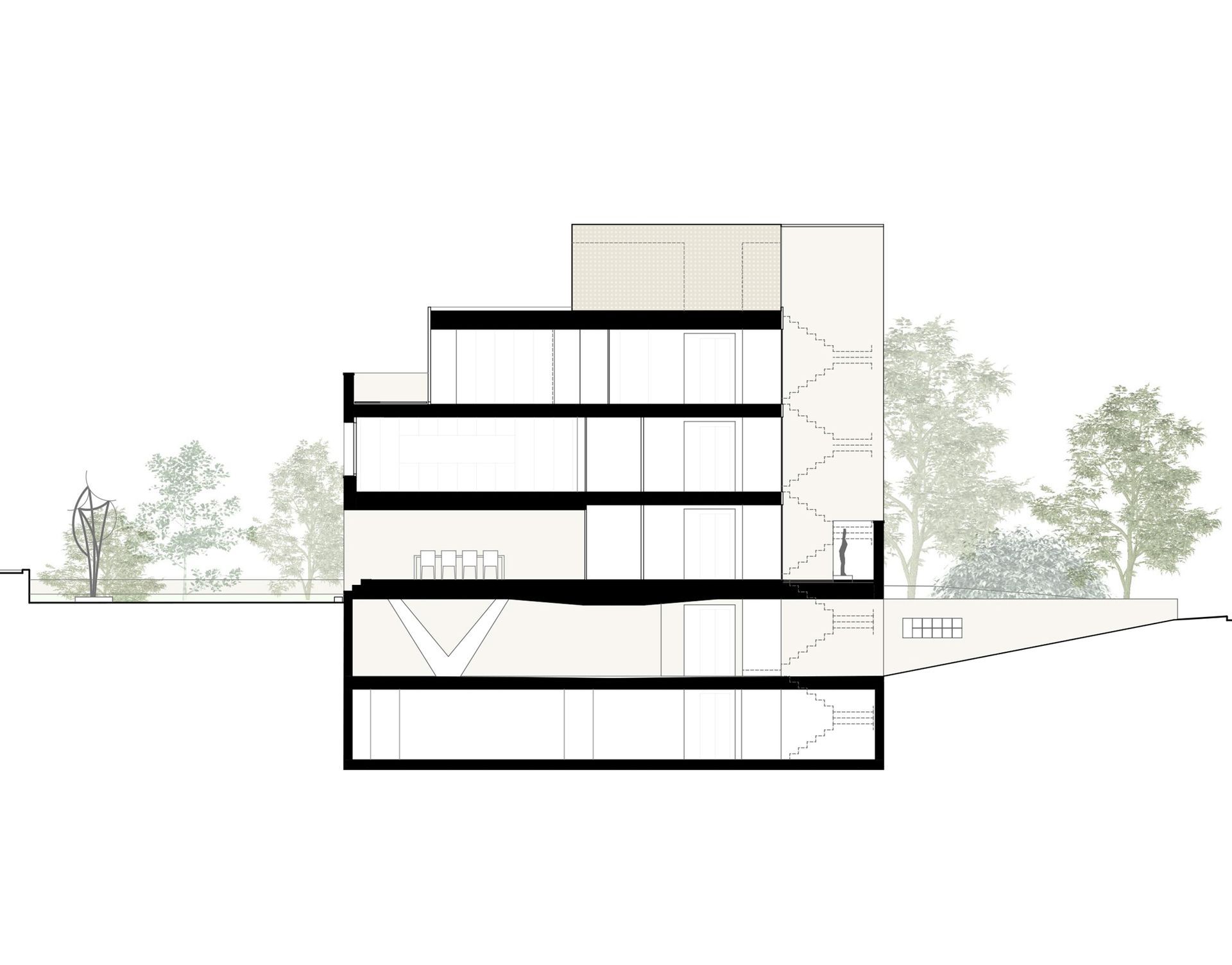 Sezione trasversale architettonica di un edificio a più piani che mostra la disposizione interna e gli alberi circostanti.