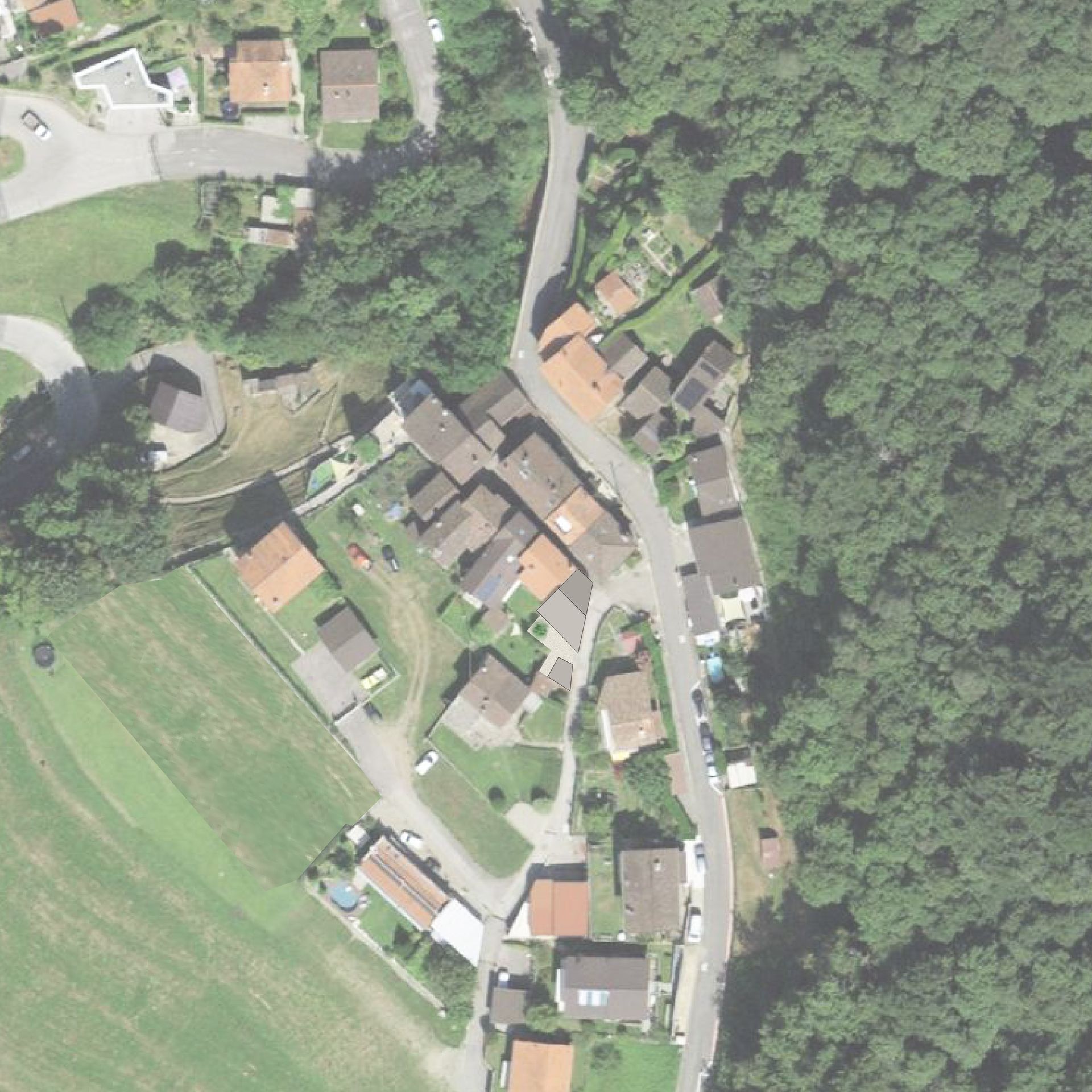 Vista aerea di un villaggio con case, una strada e la foresta e il campo circostanti.