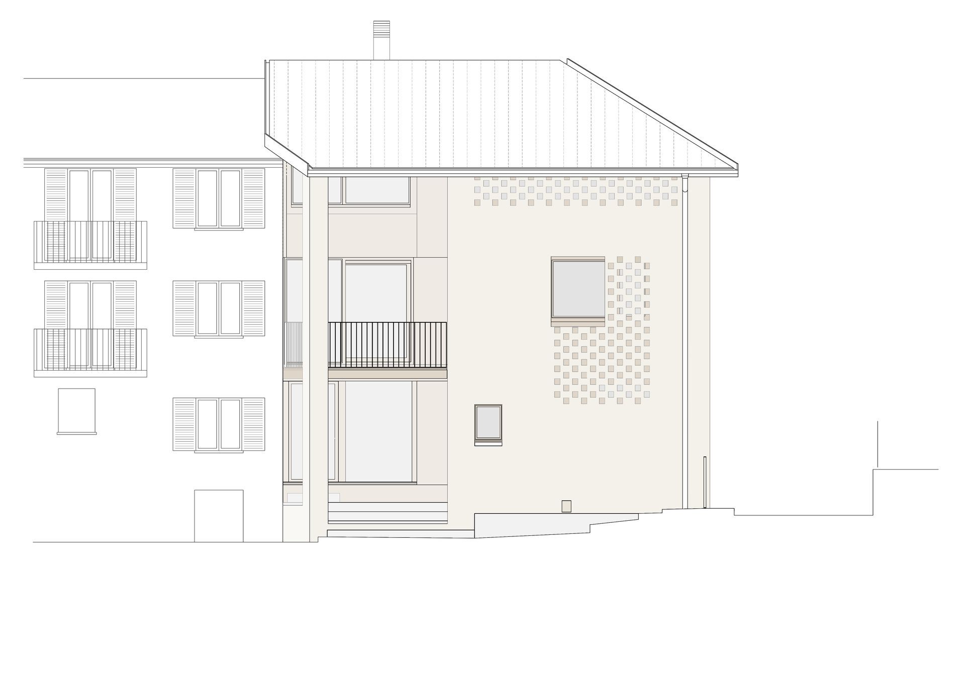 Vista laterale architettonica di un edificio con balcone, finestre e mattoni decorativi in ​​stile minimalista.