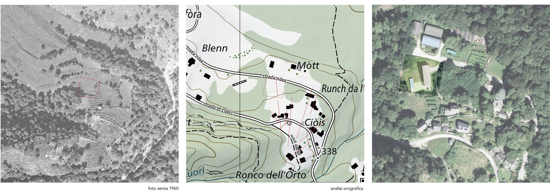 Tre viste aeree: terreno, mappa topografica e proprietà residenziale circondata da alberi.