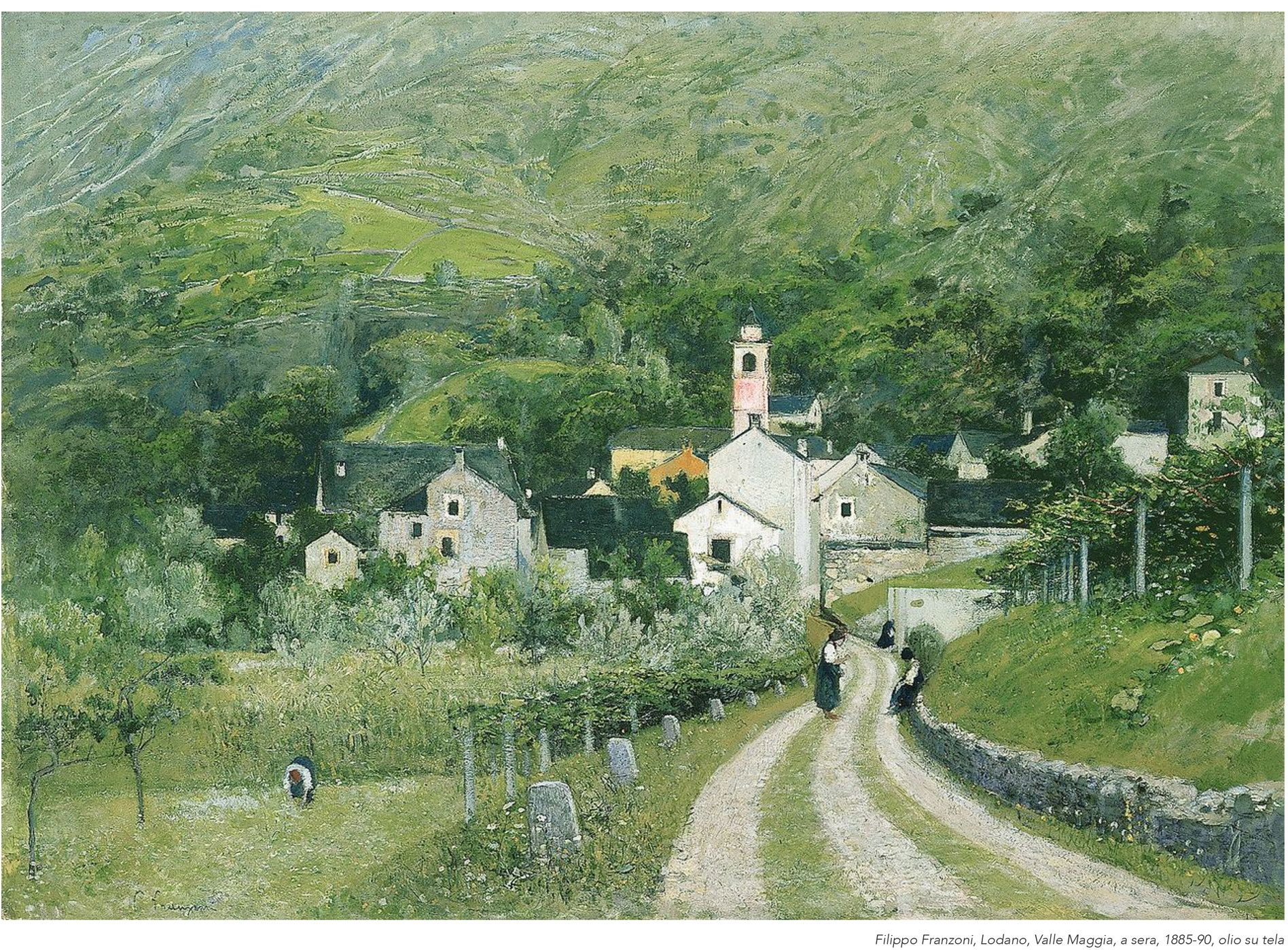 Dipinto di un villaggio immerso nel verde paesaggio montuoso. Una strada sterrata conduce verso un nucleo di paese antico.