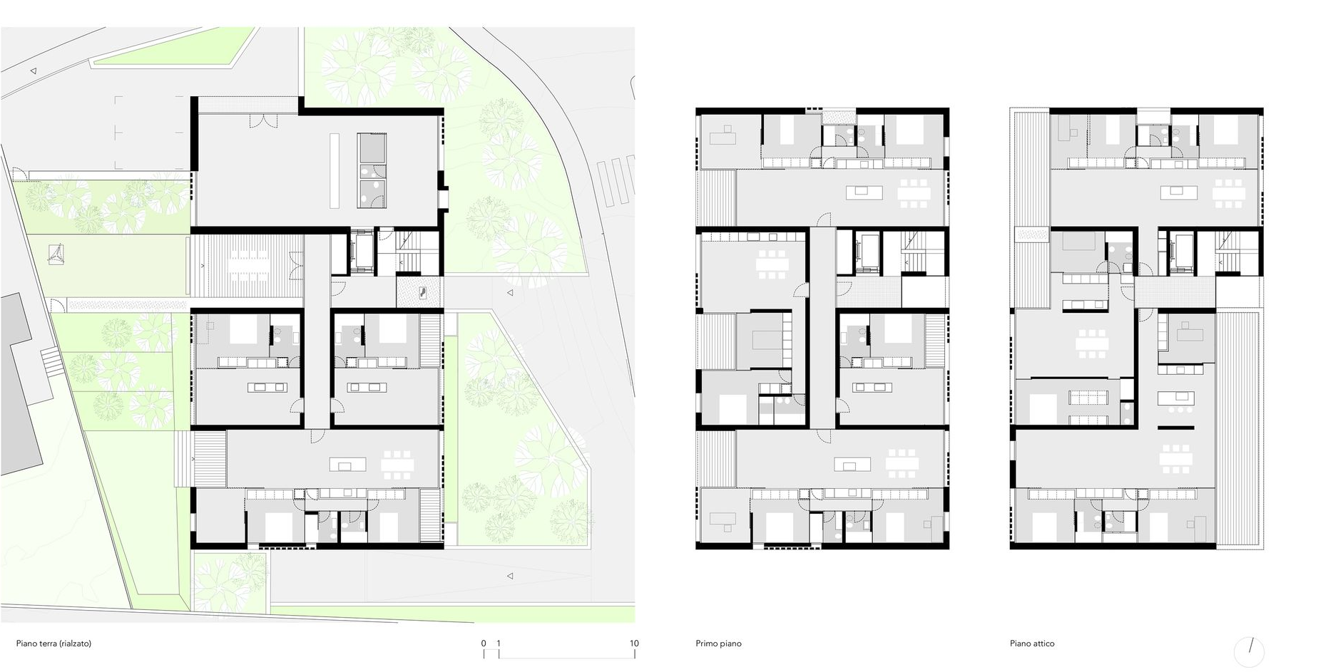 Planimetrie architettoniche. Vista esterna con paesaggio verde e tre livelli interni.