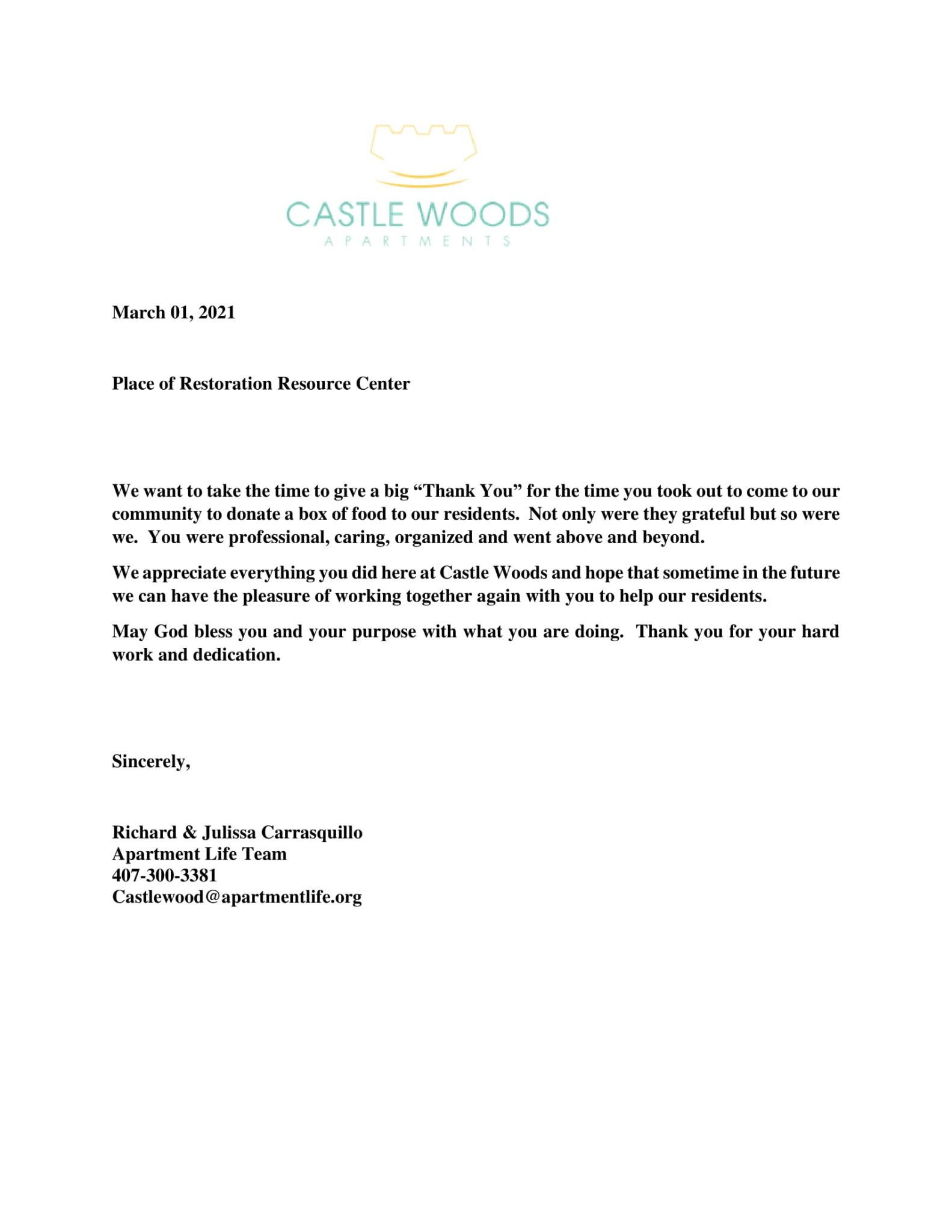Letter from Castle Woods Winery. Text on white background.