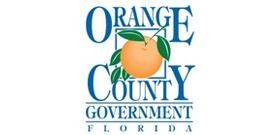 Orange County Government logo featuring an orange fruit within a square, set against blue text.
