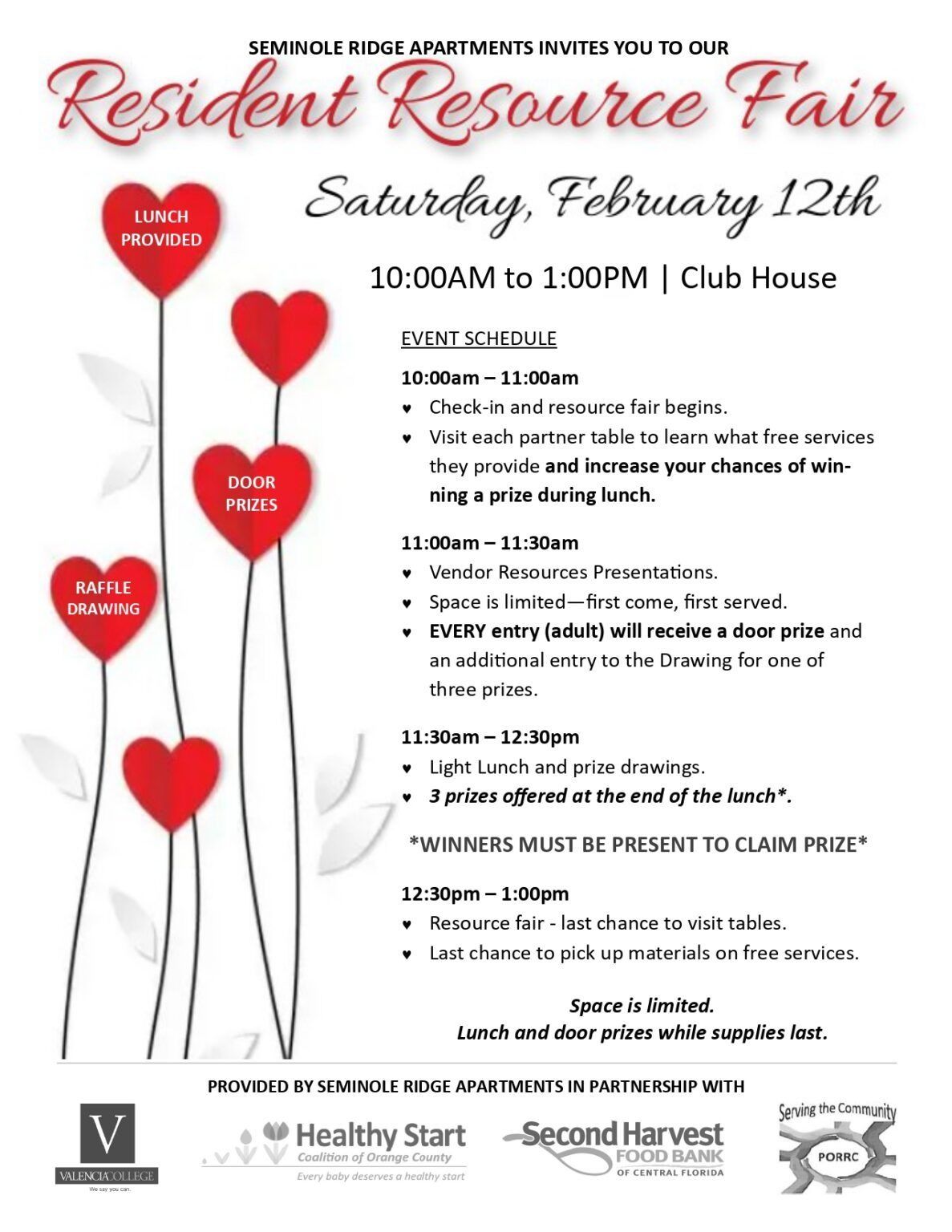 Flyer for a Resident Resource Fair at the Clubhouse on February 12th. Includes event schedule and sponsors.