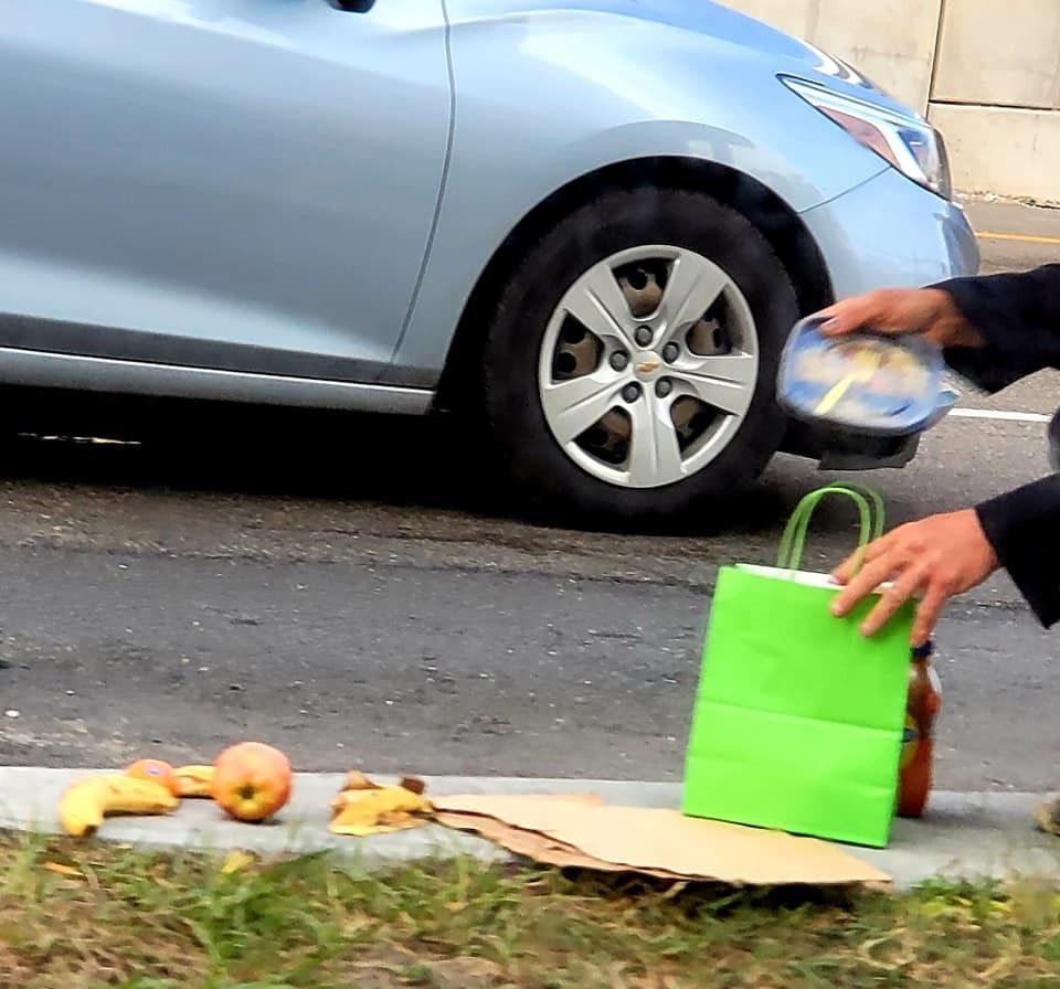 Person placing items like fruit and a green bag on the ground near a car.