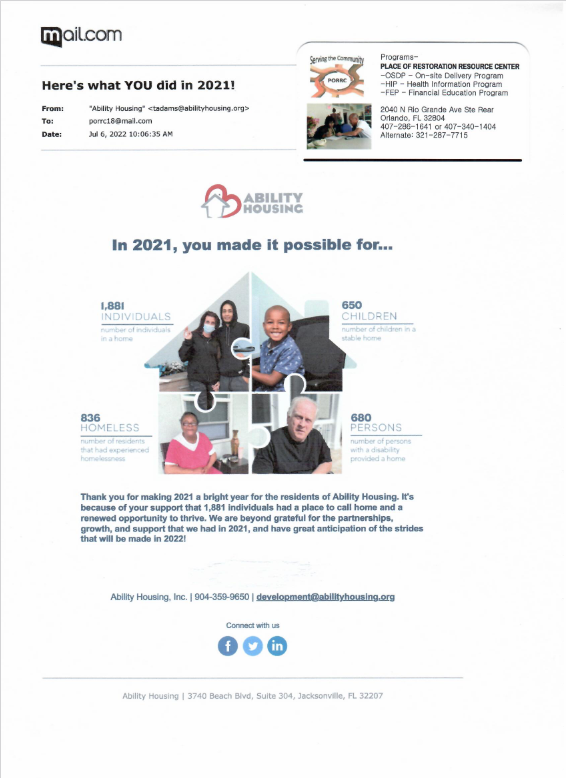 Email from Ability Housing: 2021 impact report, with photos of people and statistics on housing.