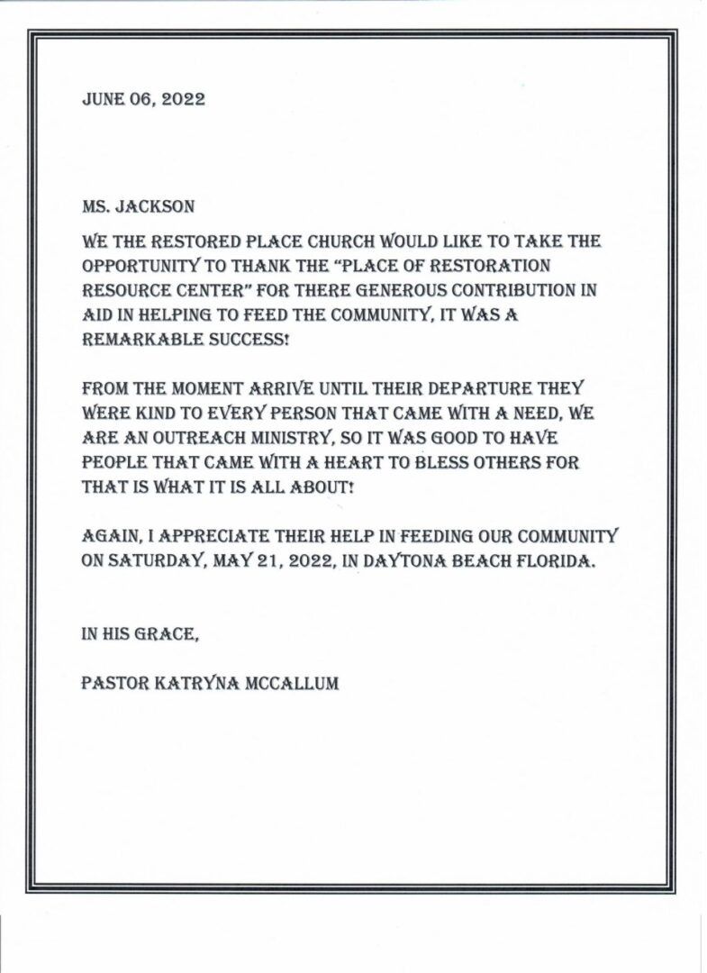 Letter thanking someone for helping the community; signed by Pastor Katlyn Mcnellim.