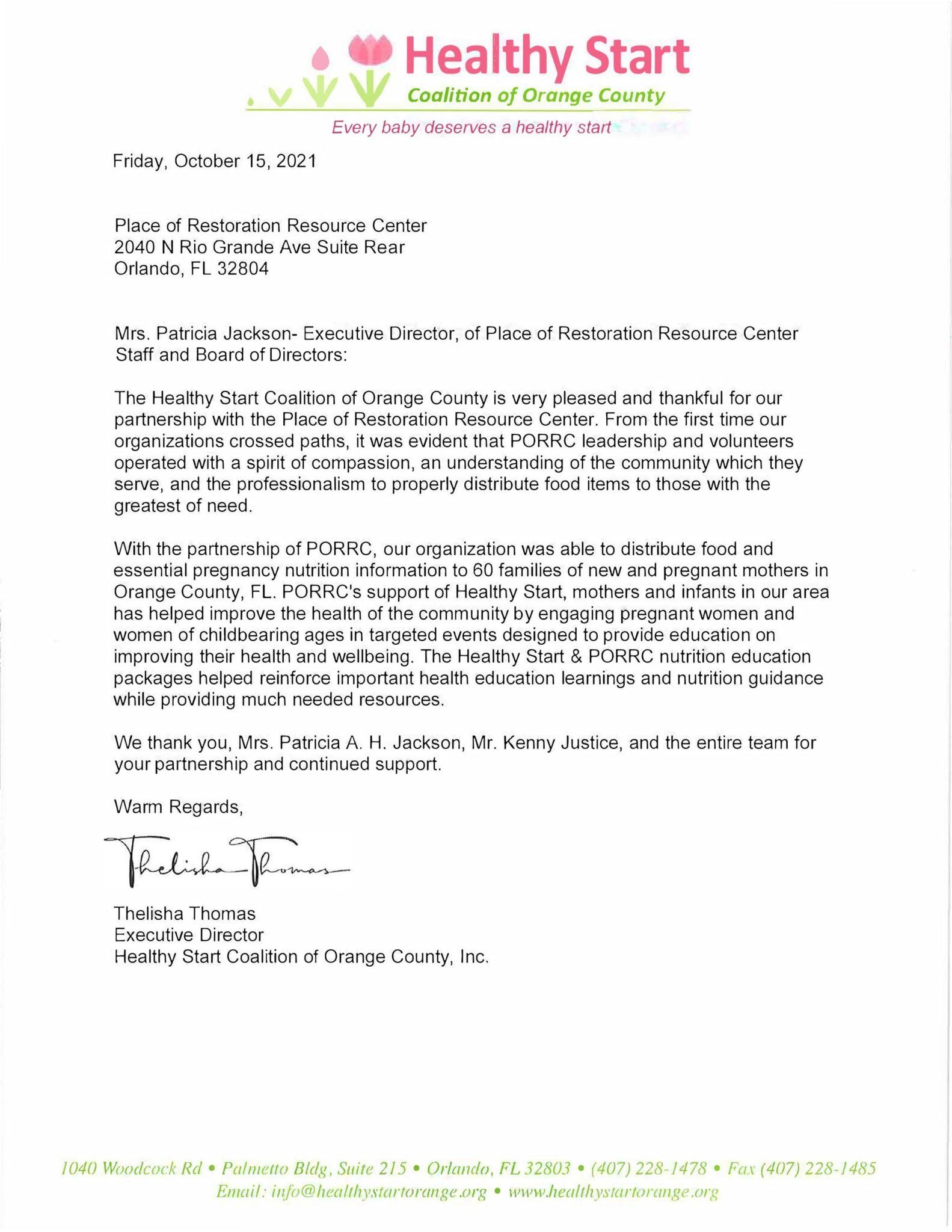 Letter from Healthy Start of Oregon Society, with text and logo, on a white background.
