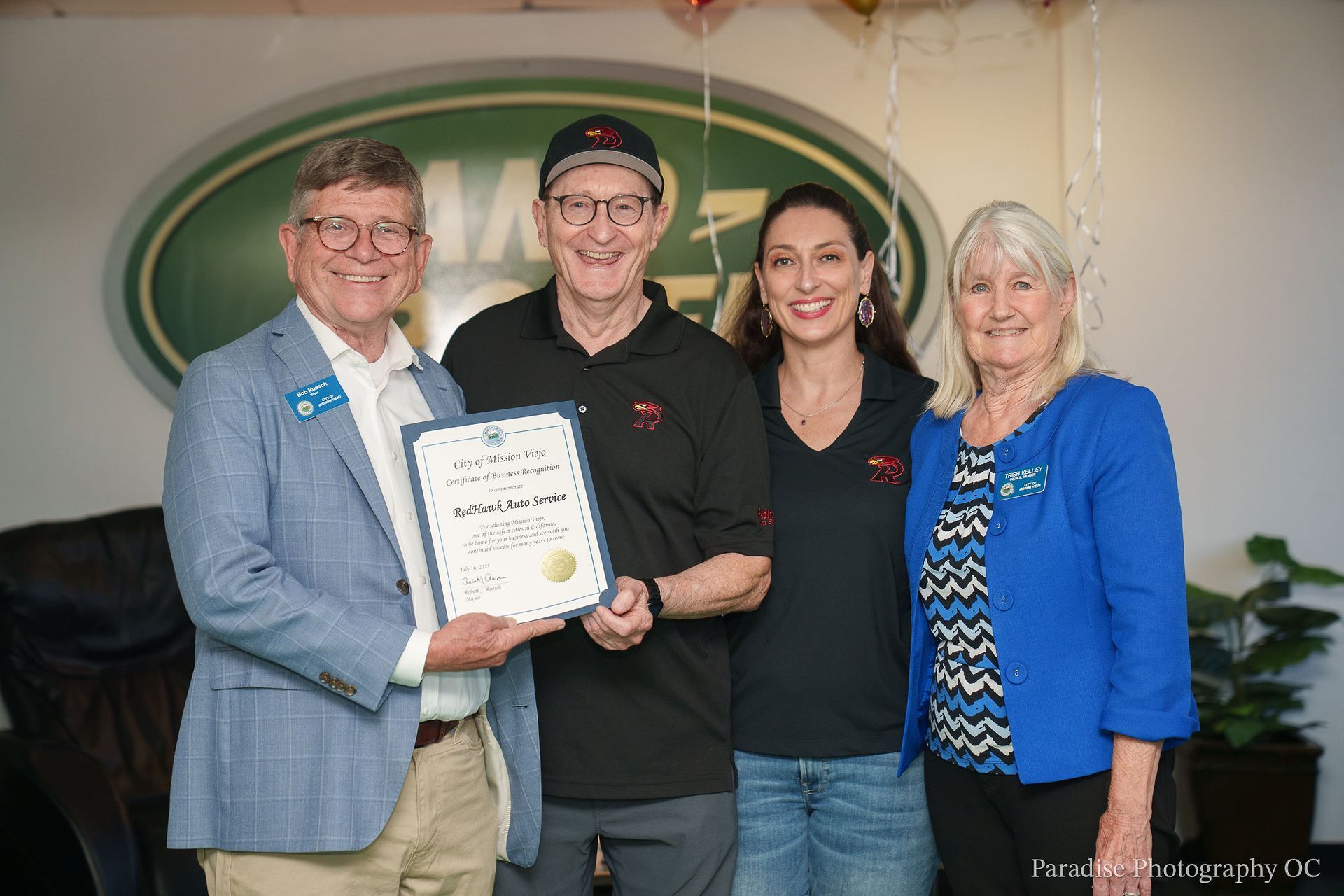 Owner Tom Grady receiving recognition from the Mayor of Mission Viejo during the Grand Opening ceremony.