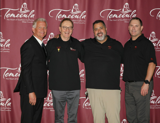 Redhawk Auto Service owner Tom Grady, COO Sal, and CFO Scott with the Mayor of Temecula at the 2024 State of the City event.