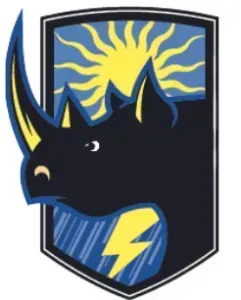 A shield with a rhino and a lightning bolt on it
