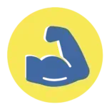 A blue icon of a muscle arm in a yellow circle.