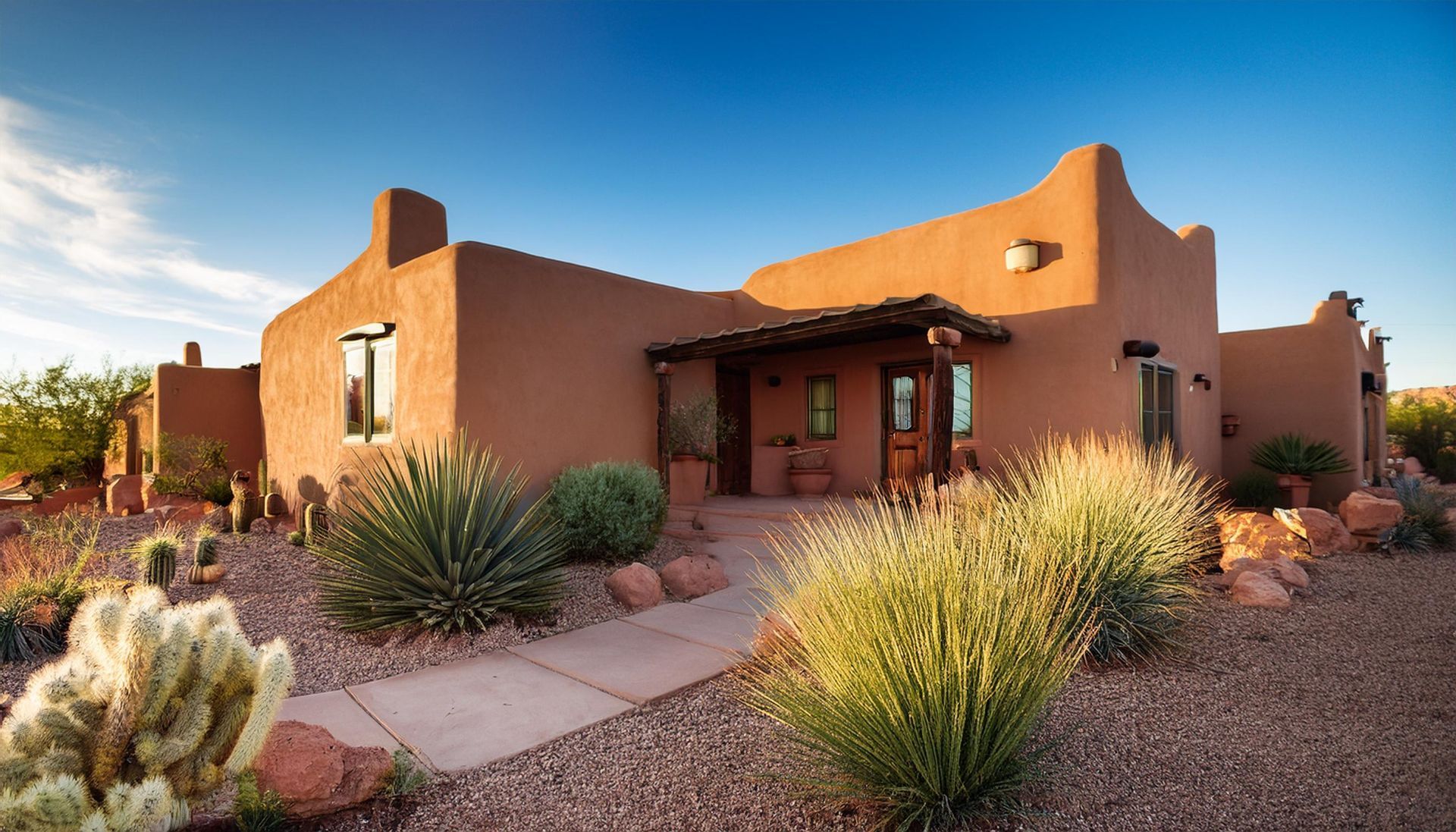 A large adobe house in the desert with a walkway leading to it.