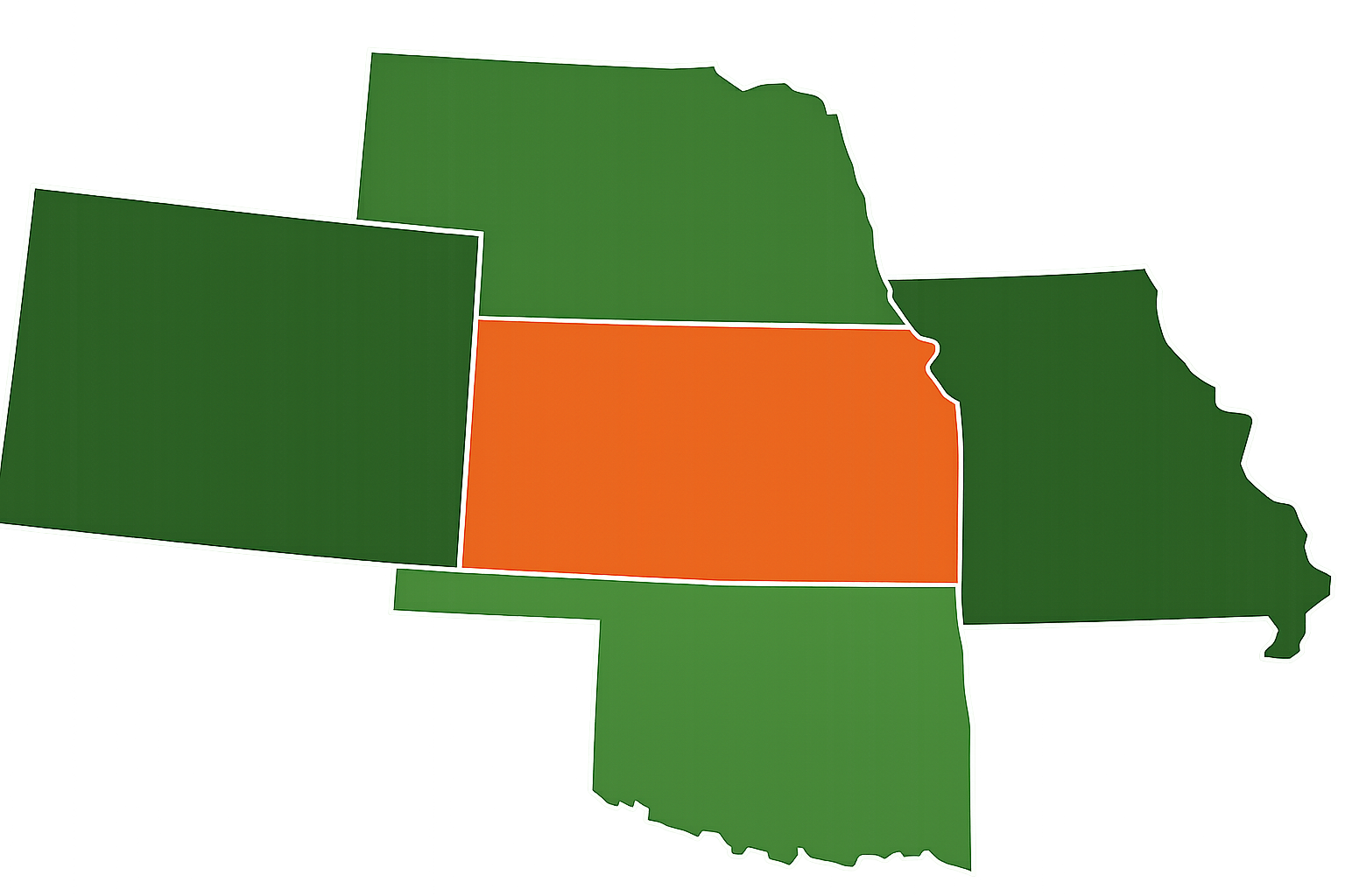 Map of Kansas in orange, surrounded by green neighboring states.