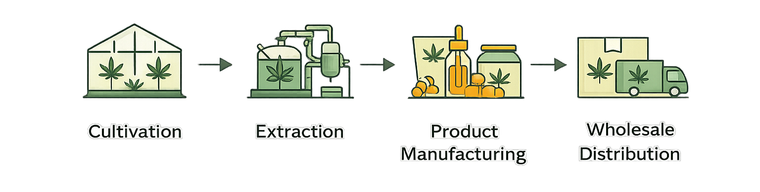 Cannabis industry supply chain: cultivation, extraction, product manufacturing, and wholesale distribution.