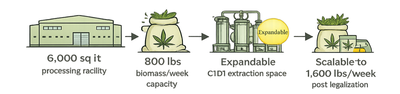 Diagram showing cannabis processing: facility to biomass bags, extraction space, then scalable capacity.
