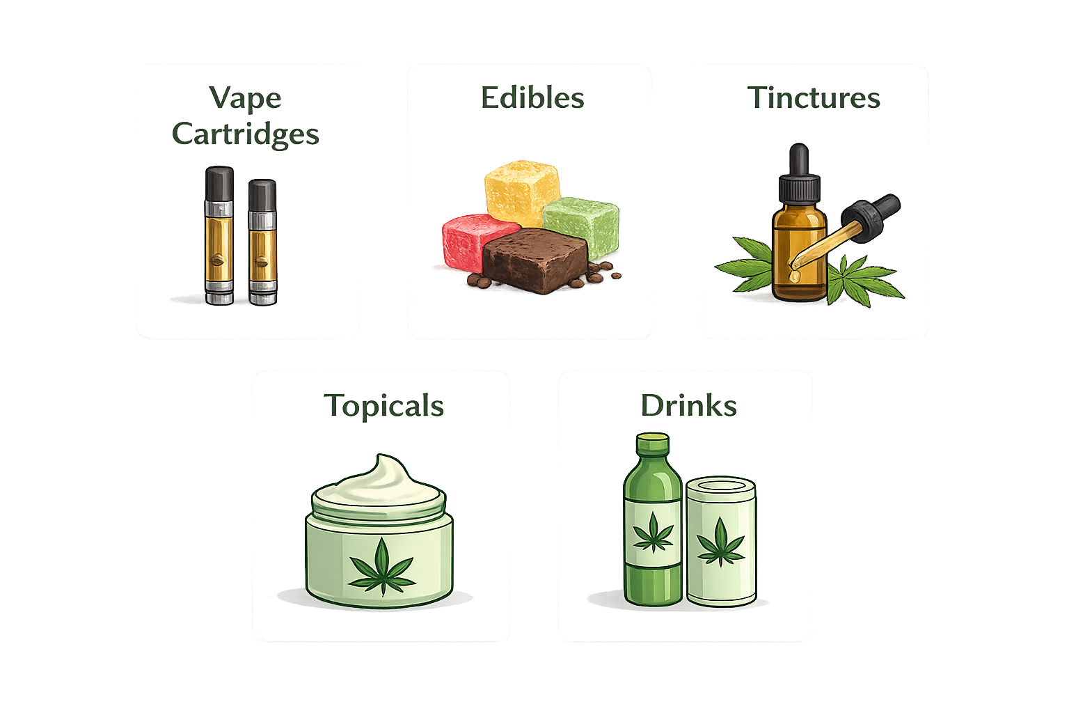 Cannabis product types: vape cartridges, edibles, tinctures, topicals, and drinks, each with a corresponding illustration.