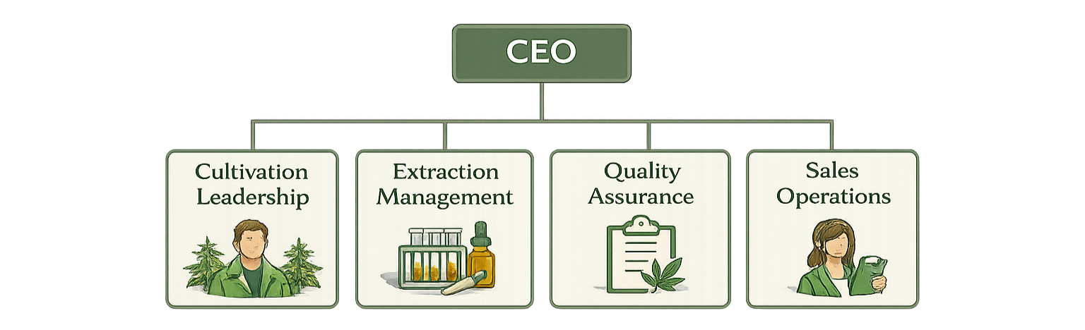 Organization chart with a CEO overseeing Cultivation Leadership, Extraction Management, Quality Assurance, and Sales Operations.