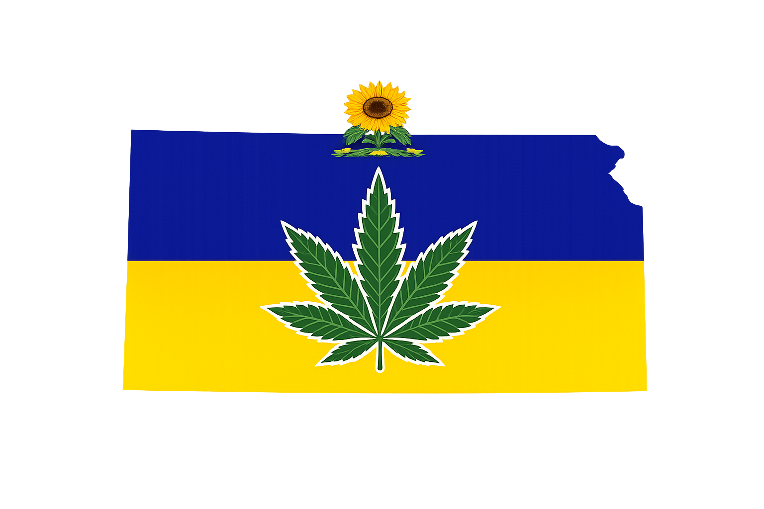 Kansas state flag with cannabis leaf, sunflower, and blue/yellow colors.
