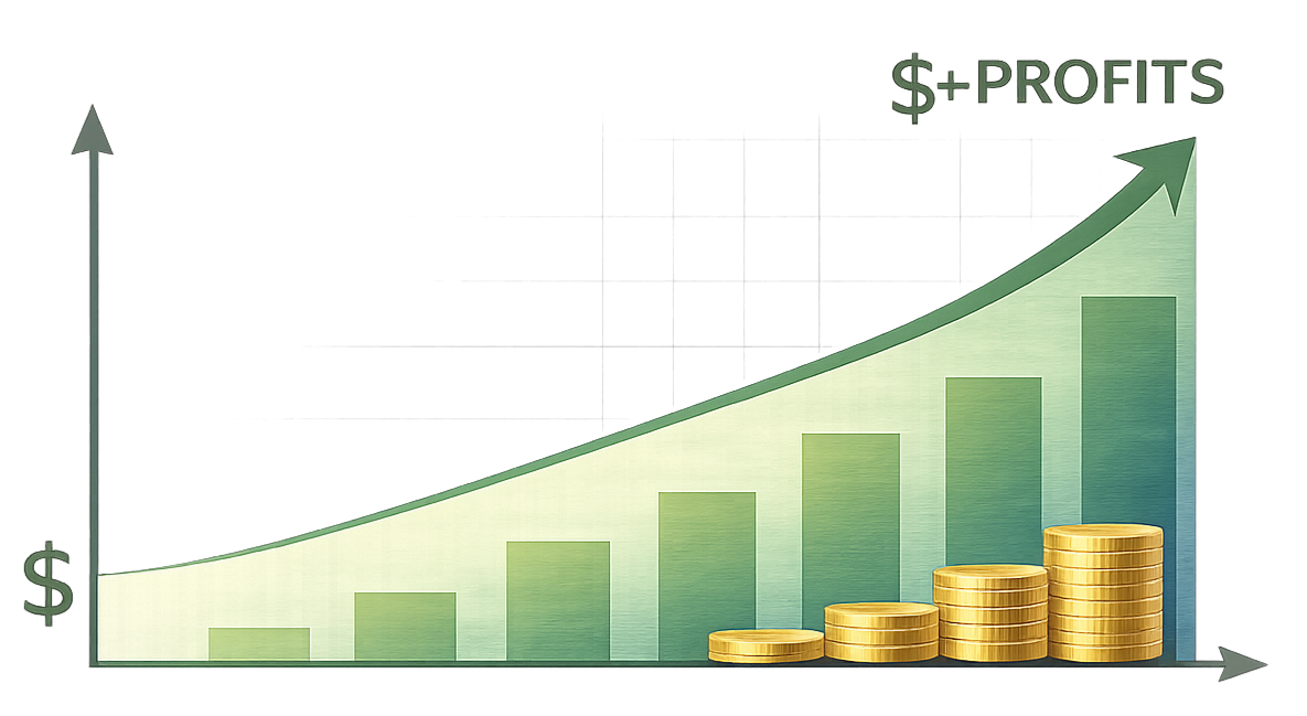 Graph showing increasing profits: rising green curve, stacked coins, and bar graph.