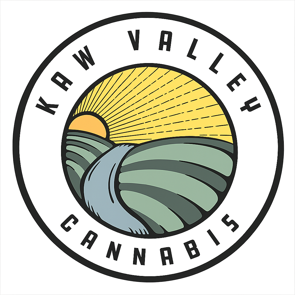 Kaw Valley Cannabis logo: Circular design with a sunrise over rolling hills and river.