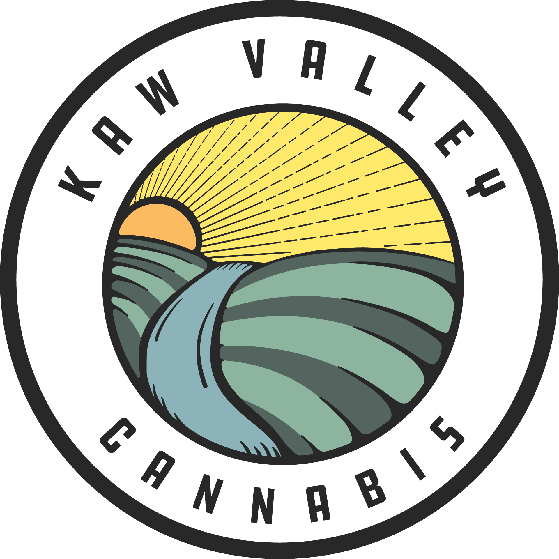 Kaw Valley Cannabis logo: circle with landscape scene, sun, water, and fields.