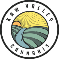 Kaw Valley Cannabis logo: circle with landscape scene, sun, water, and fields.