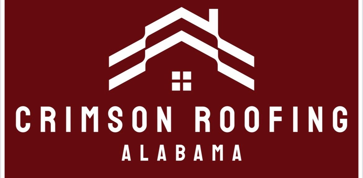 The logo for crimson roofing alabama is red and white.