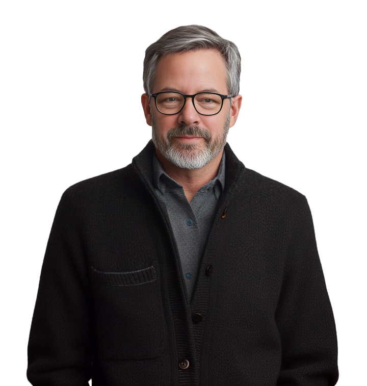 A man with glasses and a beard is wearing a black jacket