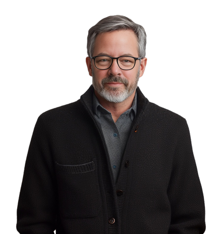 A man with glasses and a beard is wearing a black jacket