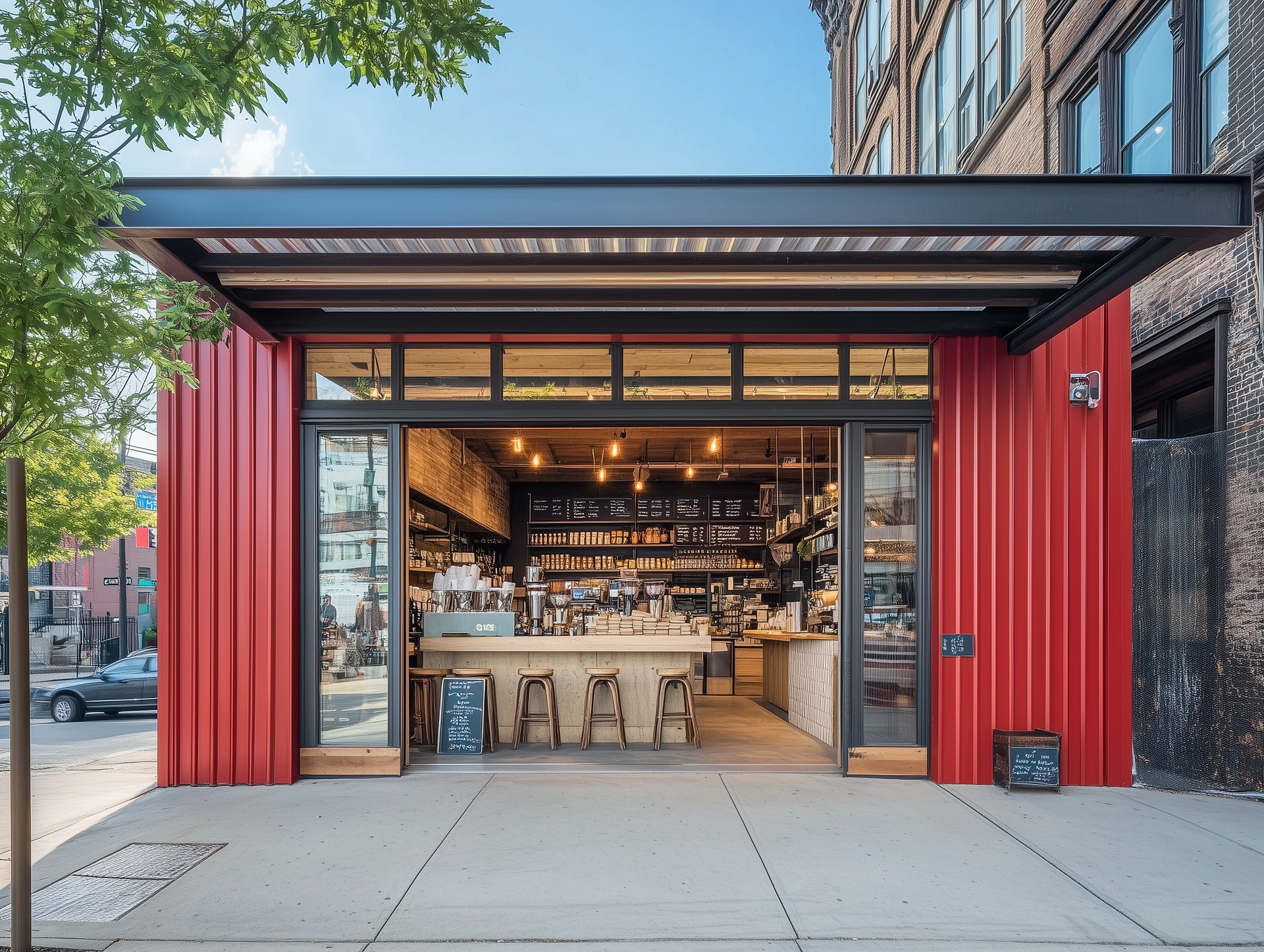 The front of a coffee shop with a red wall and a large window.