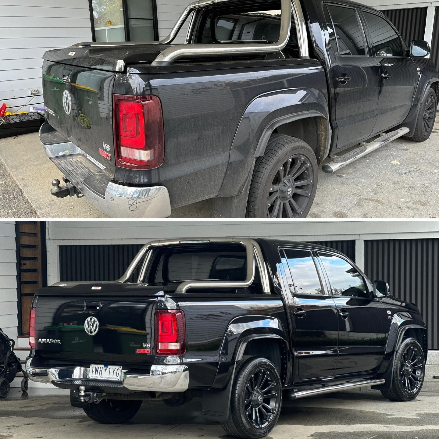 Ceramic Coating - Before and after of black volkswagen amarok 