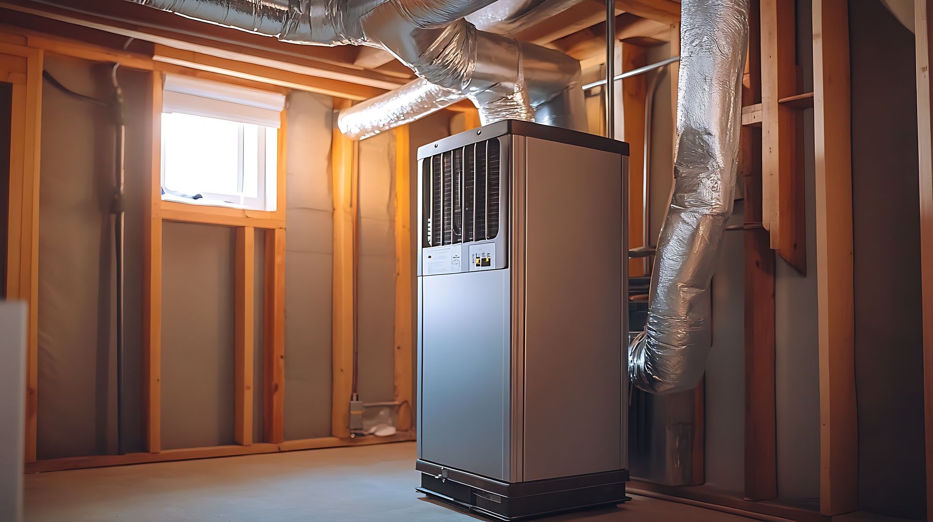 A worker from Nauman Inc. is working on an air conditioner outside of a house.