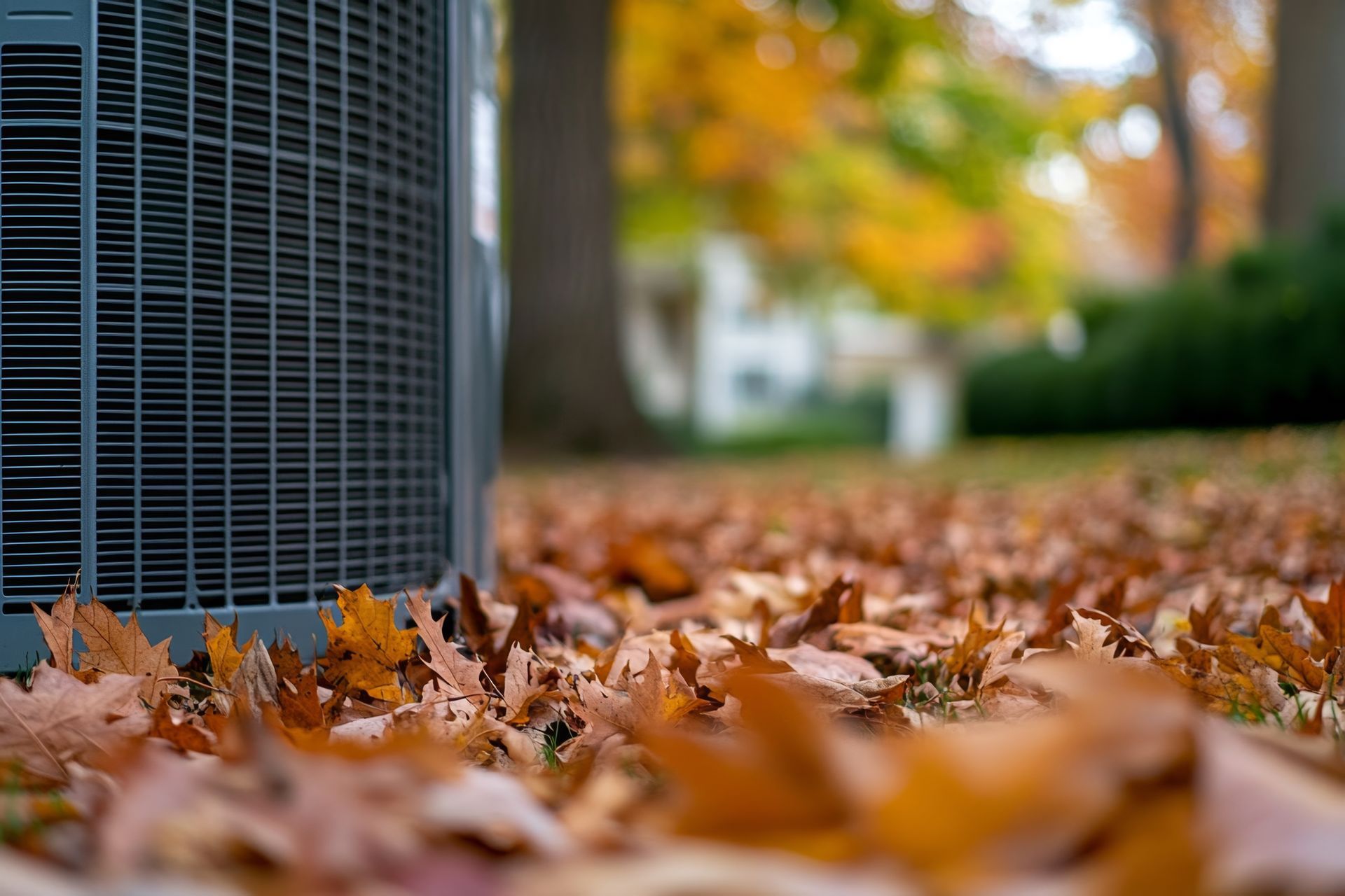 Air conditioner unit in autumn leaves; blurred background of trees.