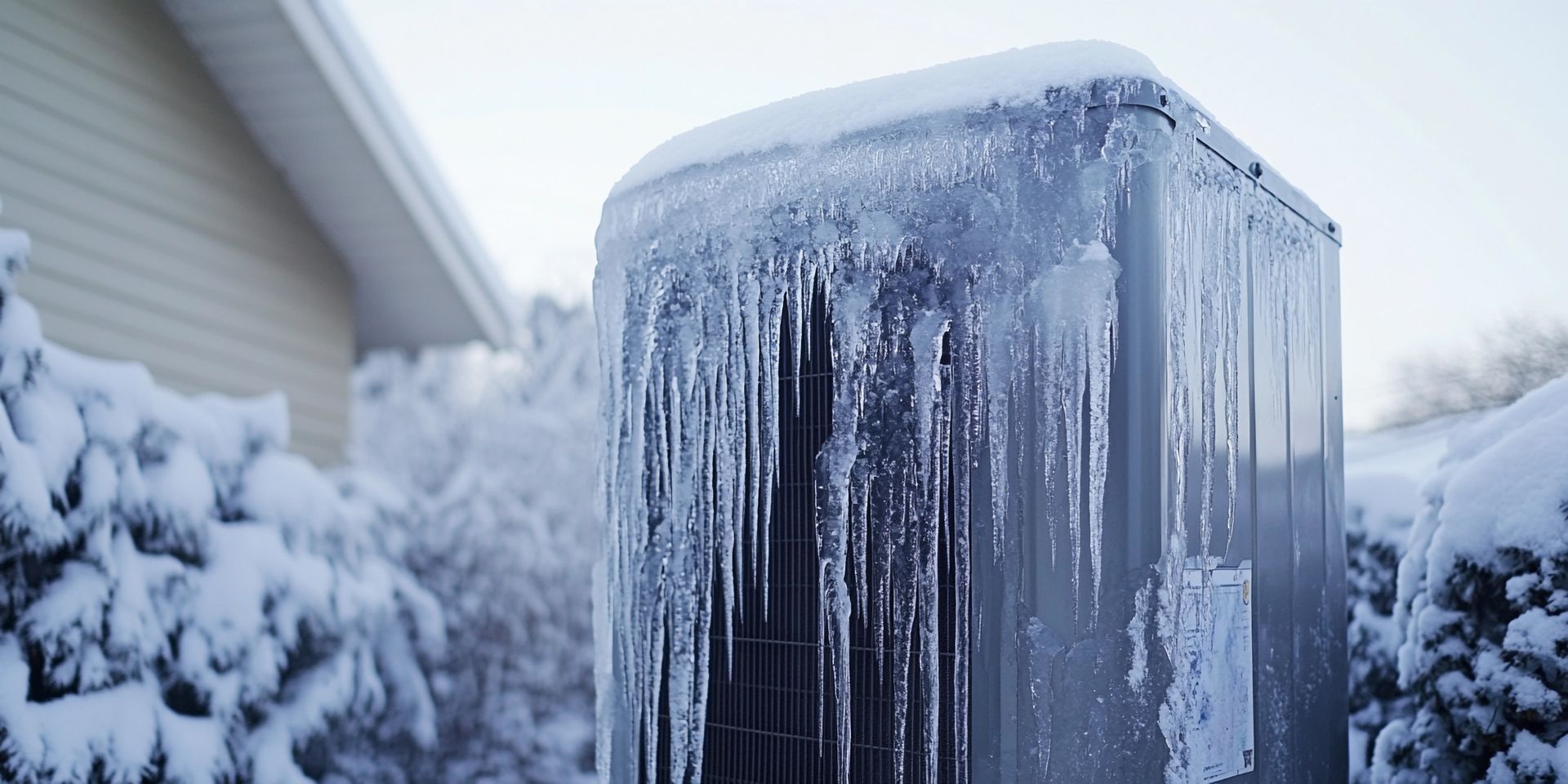 An air conditioner covered in ice and icicles in a snowy outdoor setting next to a house.