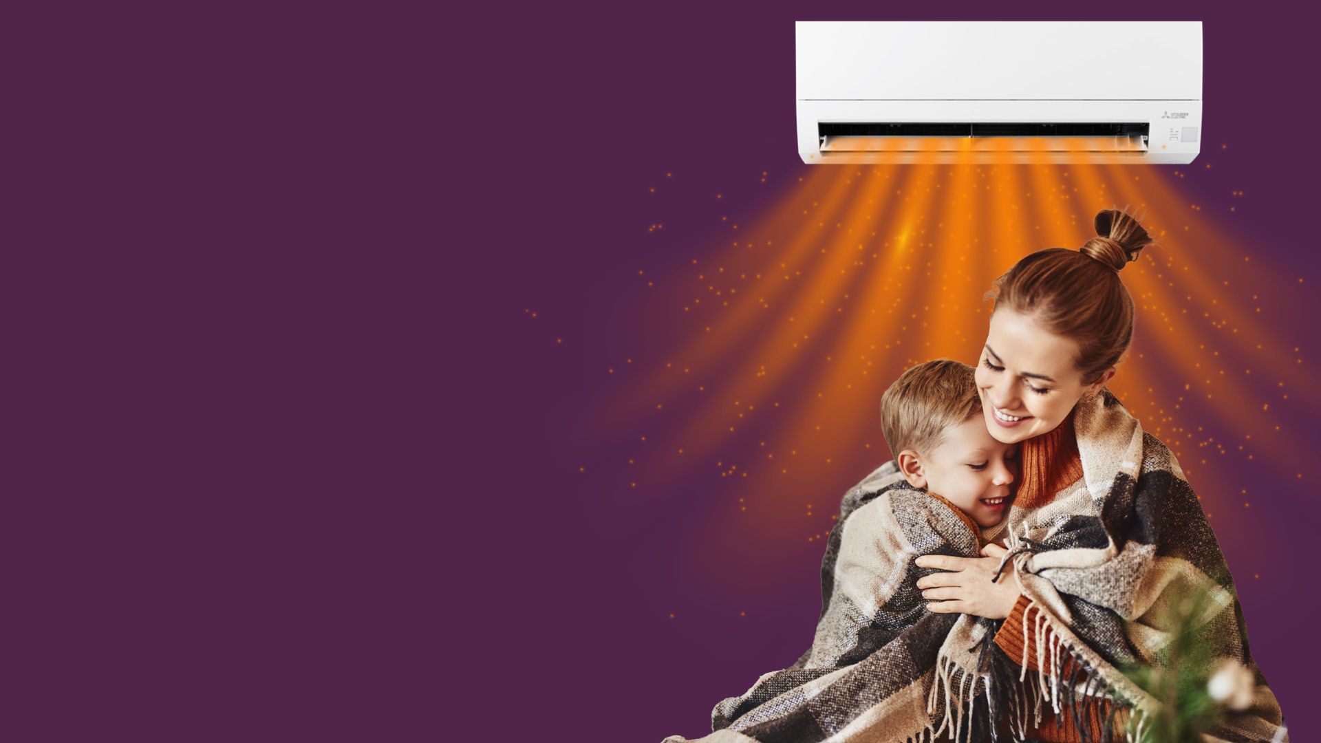 purple background with mother and son in front of mini split heating system