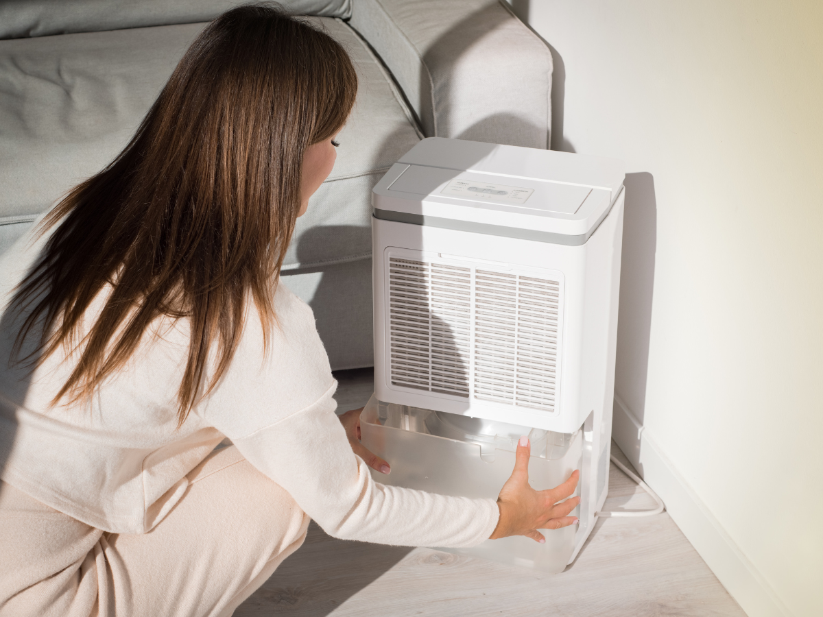 Woman emptying a dehumidifier's water tank indoors, near a couch and wall.