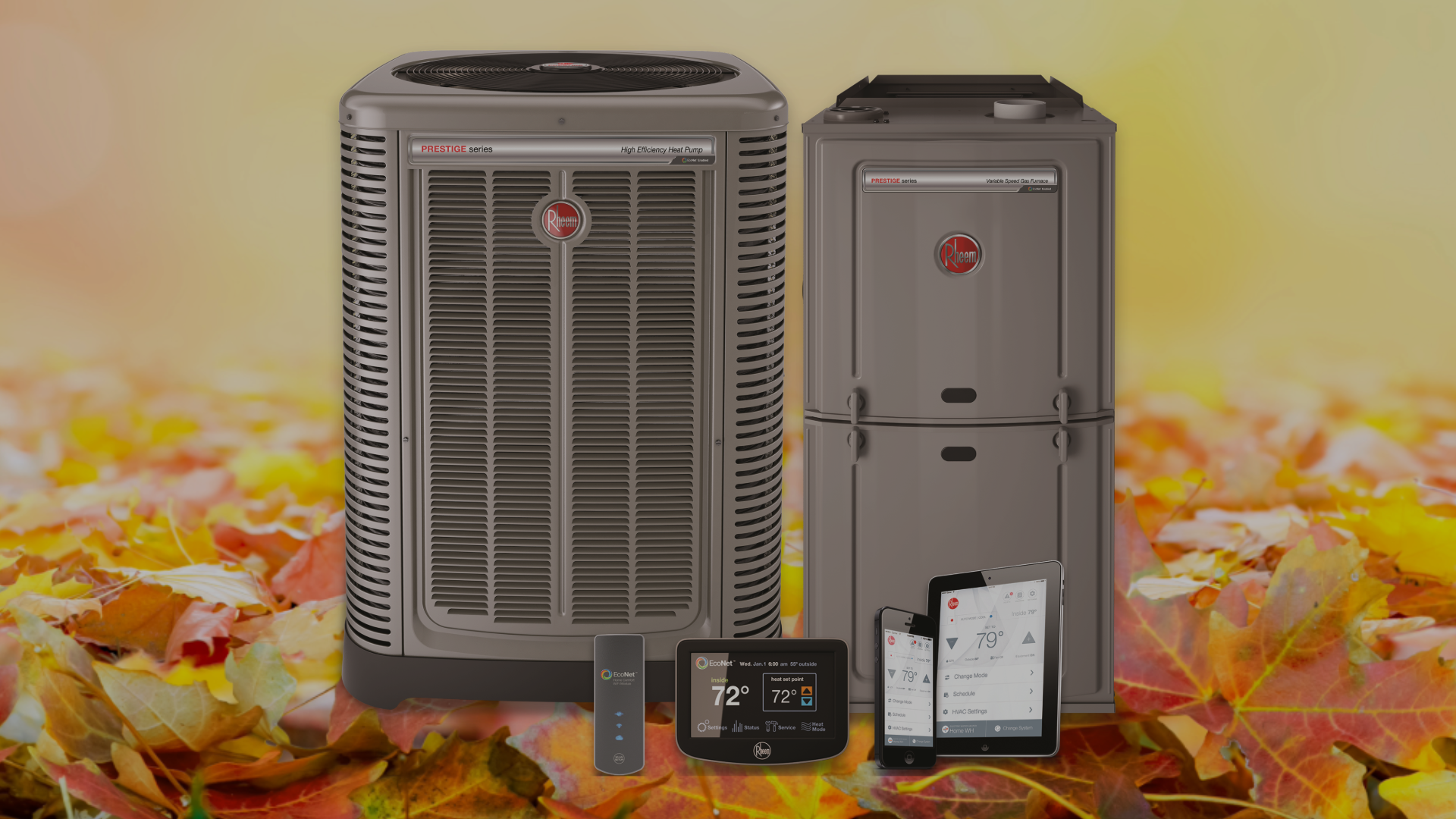 rheem gas furnace and heat pump with autumn leaves