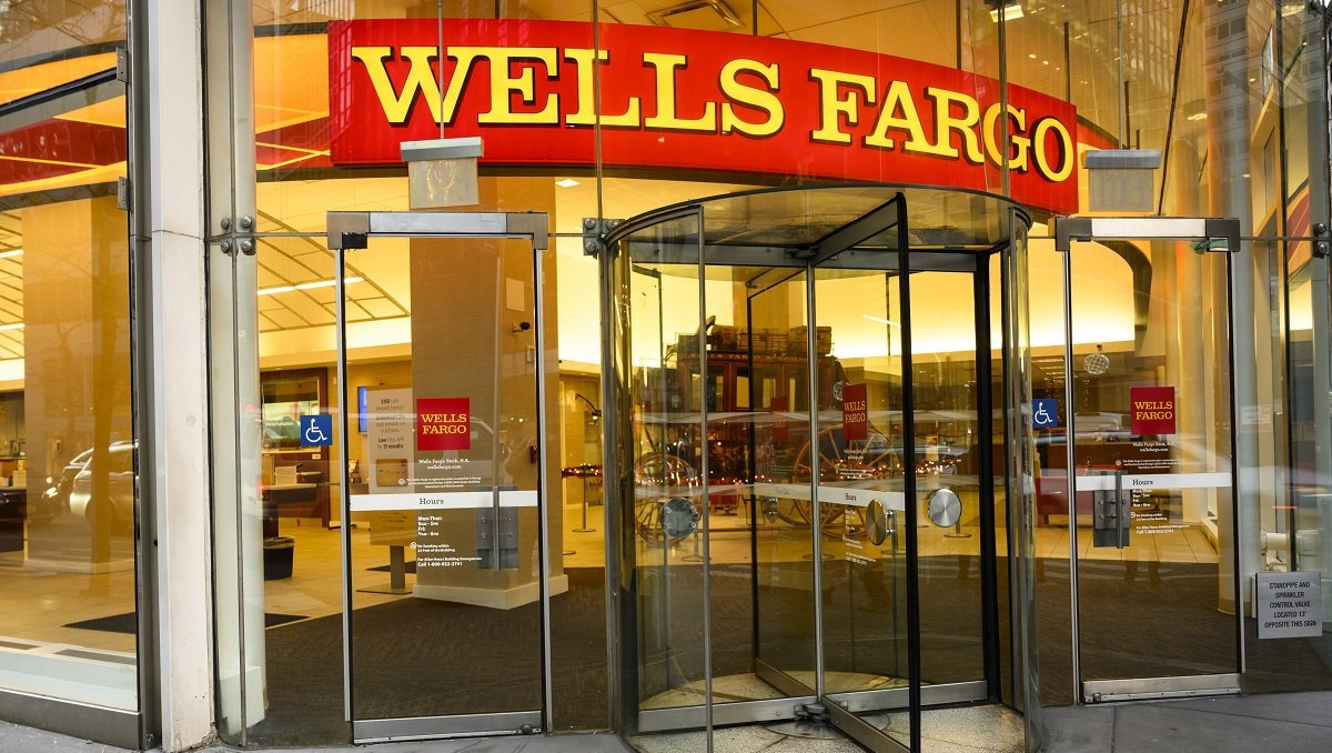 A wells fargo bank with a revolving door