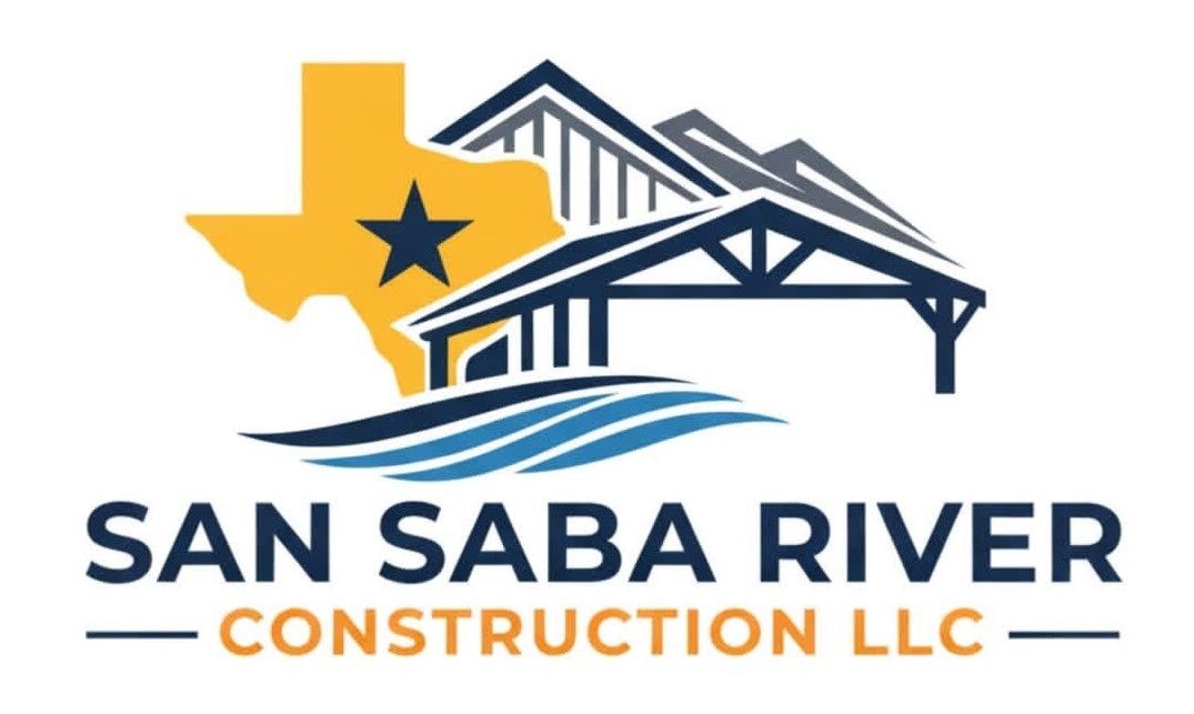 San Saba River Construction LLC logo with Texas outline, star, and stylized roofline in navy and gold
