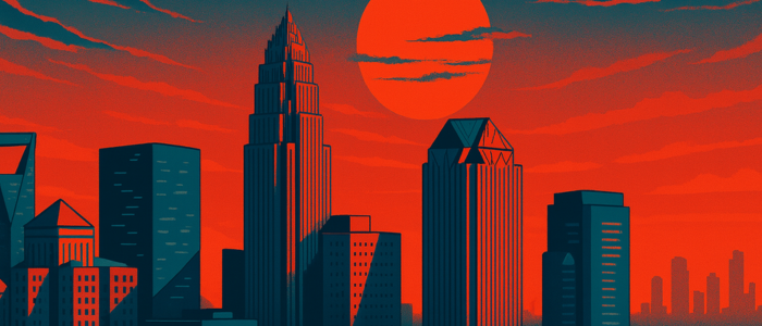 Charlotte  cityscape silhouetted against a red sky with a large, orange sun.