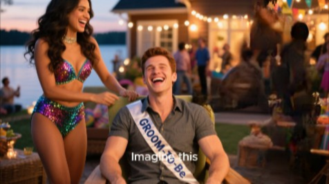 Groom-to-be laughs as a woman in a sparkly bikini stands nearby at an outdoor party.