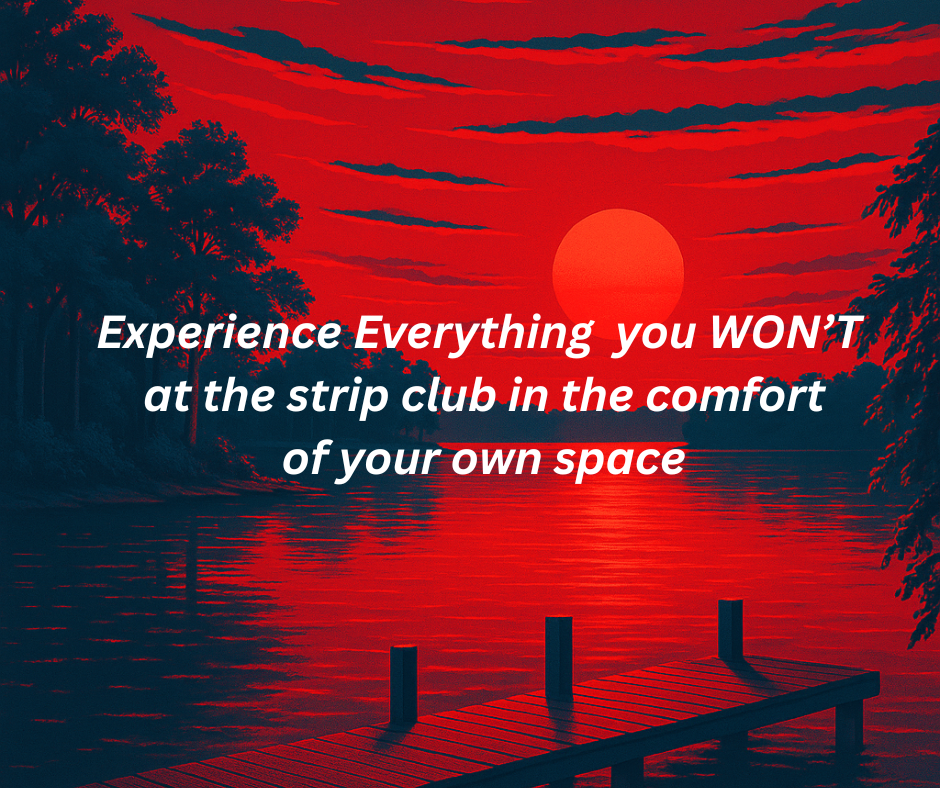 Red sunset over water with dock; text reads: