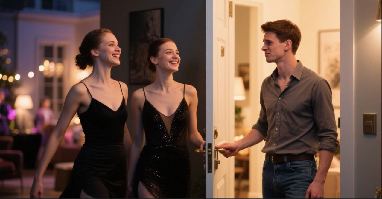 Two women in black dresses and a man in a gray shirt open a door; a party is in the background.