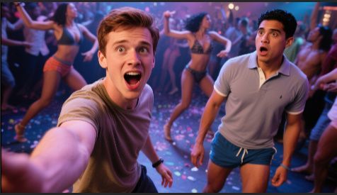 Two men at bachelor part, one taking a selfie with surprised faces. Dancers in swimwear behind them.