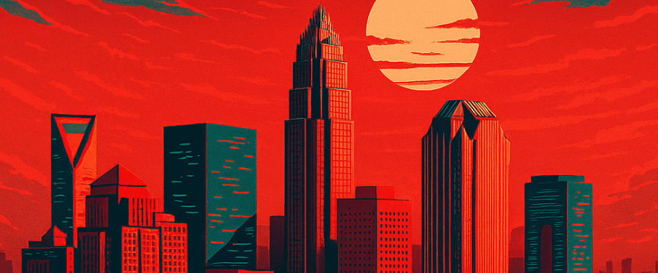 Stylized cityscape Charlotte with red sky and buildings in teal and red