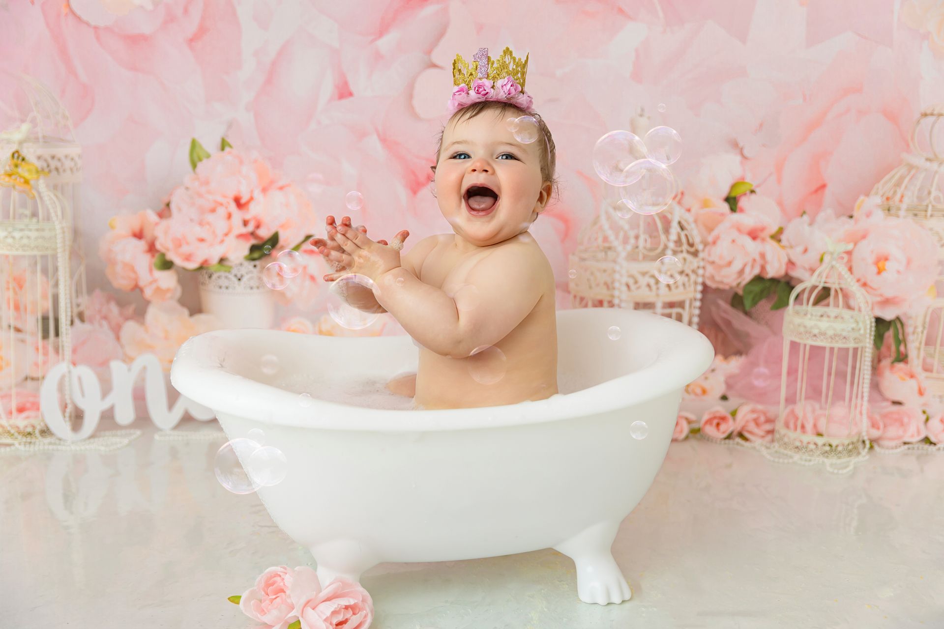 Timeless cake smash portraits for baby girl in Cary, NC studio