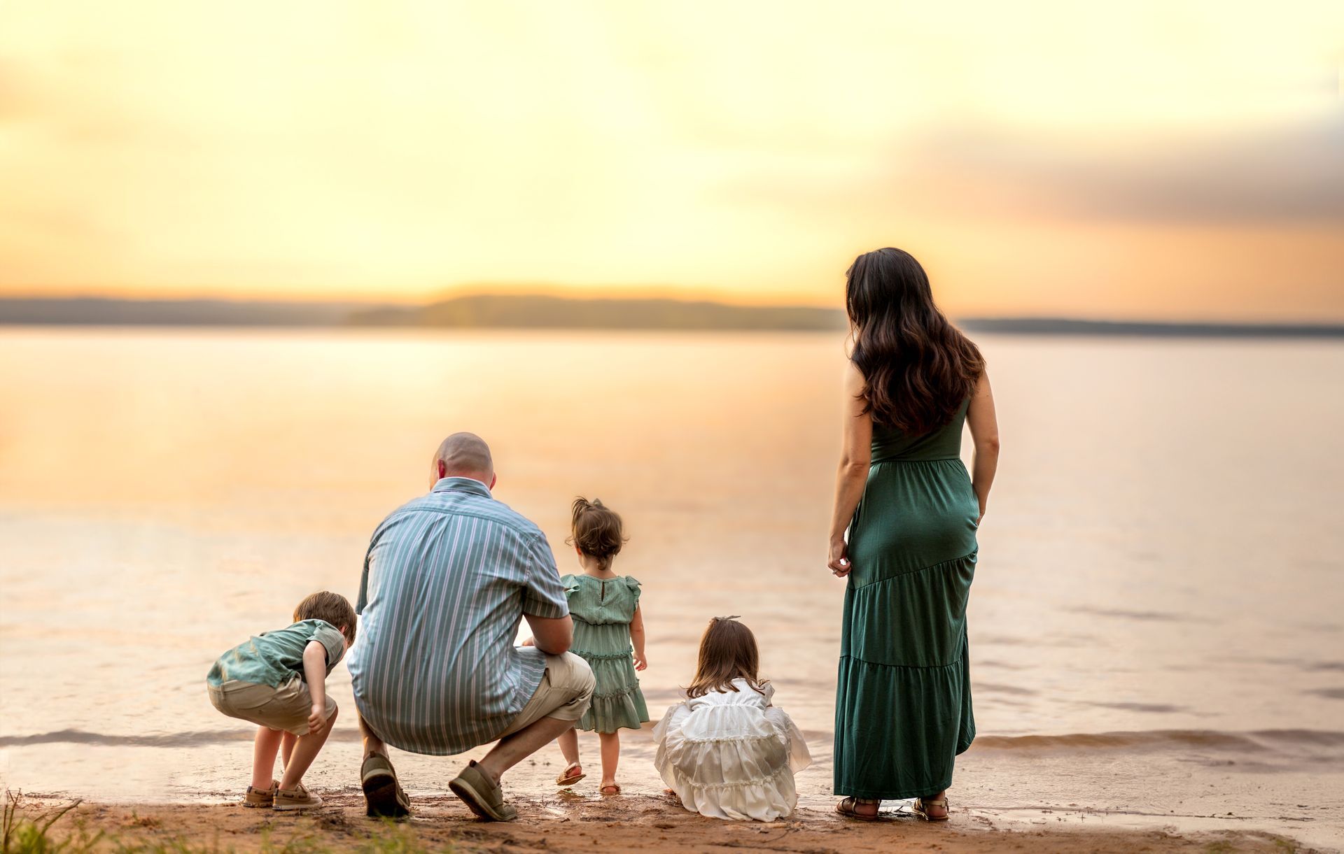 Family portrait session golden hour lake shore in Raleigh