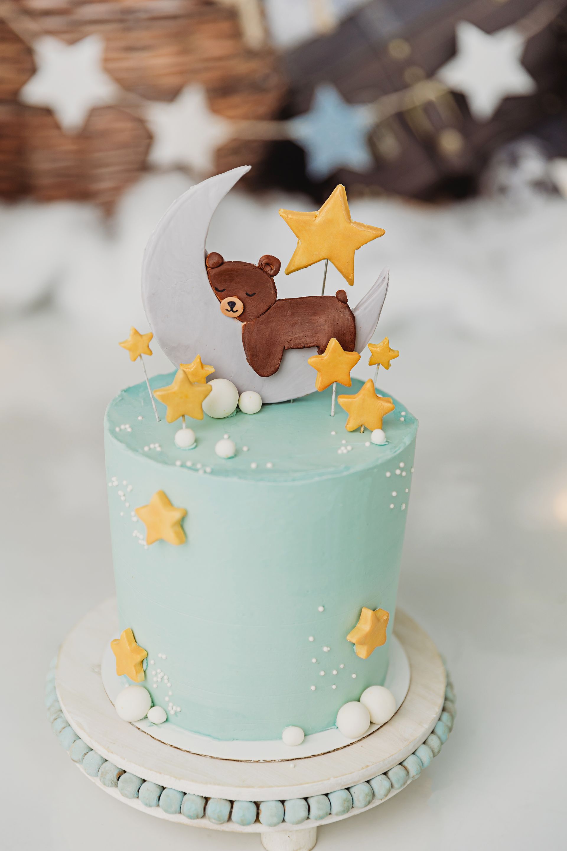bear and moon themed cake portraits for a cake smash session in studio - Cary NC